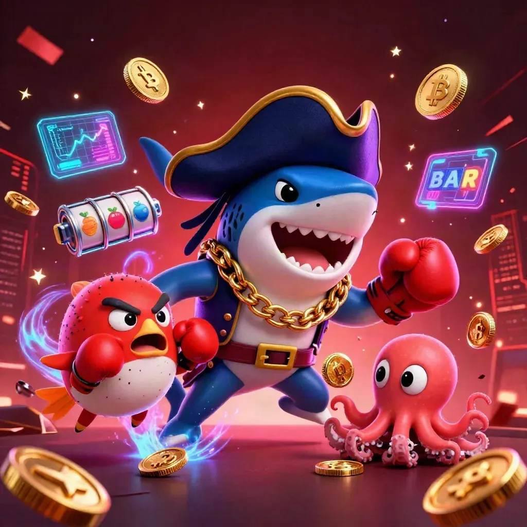 Pirate shark, boxing pufferfish, and octopus juggling coins amid neon casino chaos.