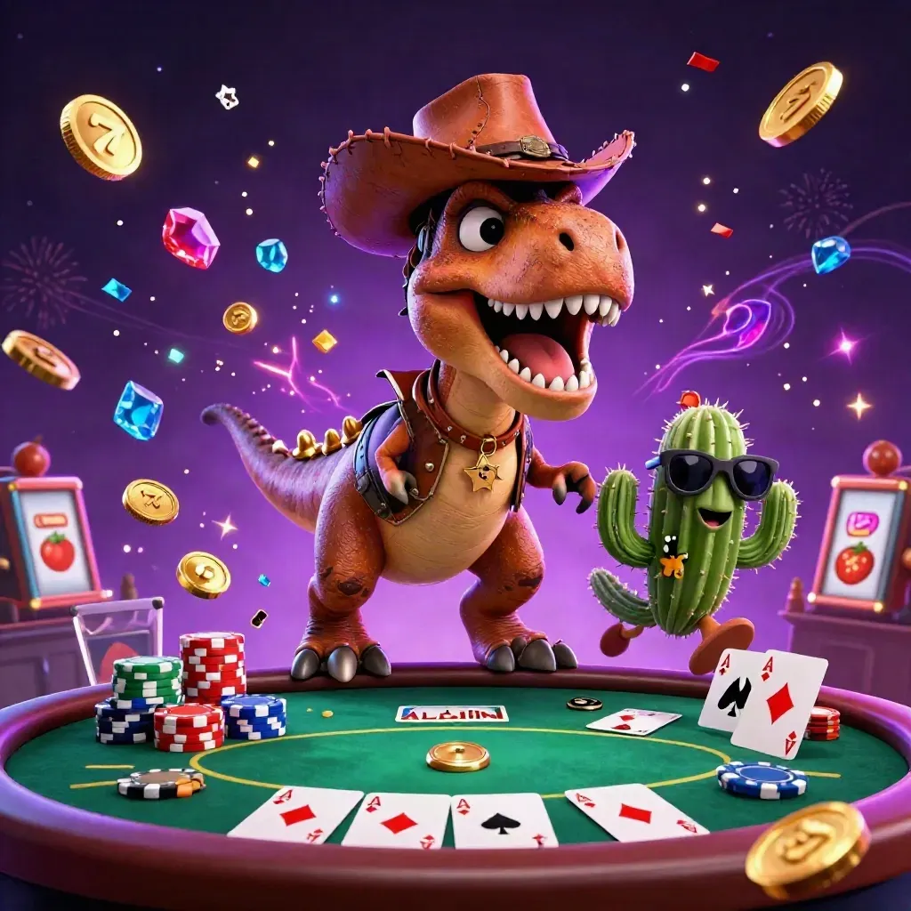 Cowboy T-Rex, cactus sidekick, and roadrunner amid neon casino chaos and slot icons.