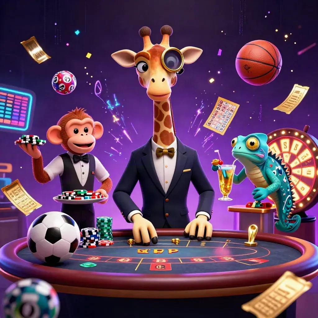 Cartoon giraffe, monkey and chameleon amid flying sports balls and casino effects.