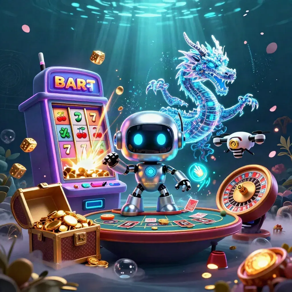 Robot, holographic dragon, and drone amid casino treasure, glowing in neon violet and cyan.