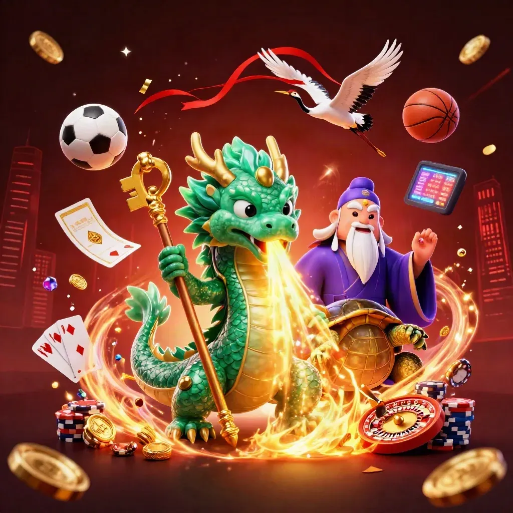 Jade dragon, turtle sage and cranes amid casino icons, coins, fireworks and neon sports energy.