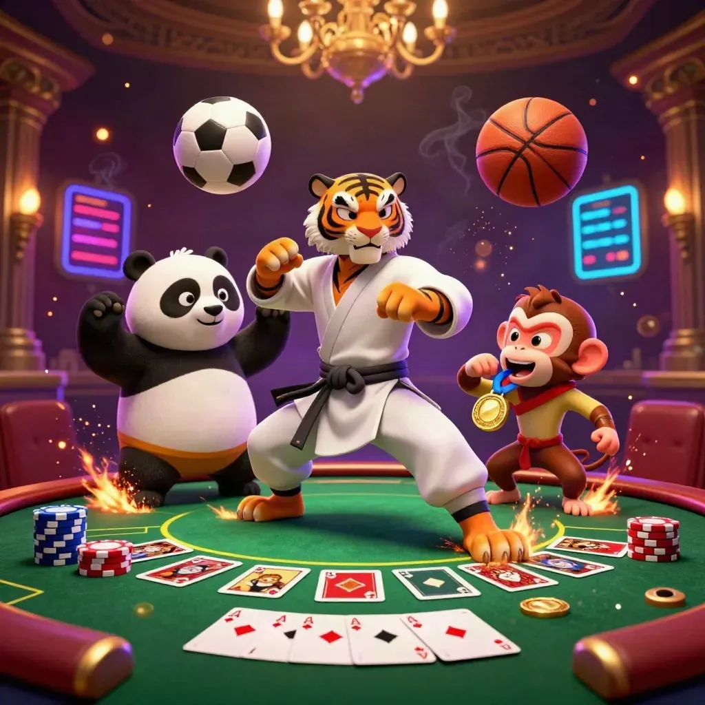Tiger, panda, and monkey pose amid casino chips, balls, and dramatic firelight.