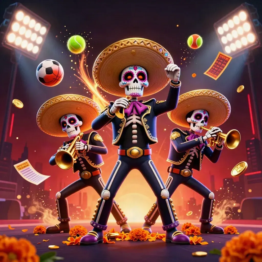 Skeleton mariachi trio amid flying sports balls, coins, and stadium lights in neon casino glow.