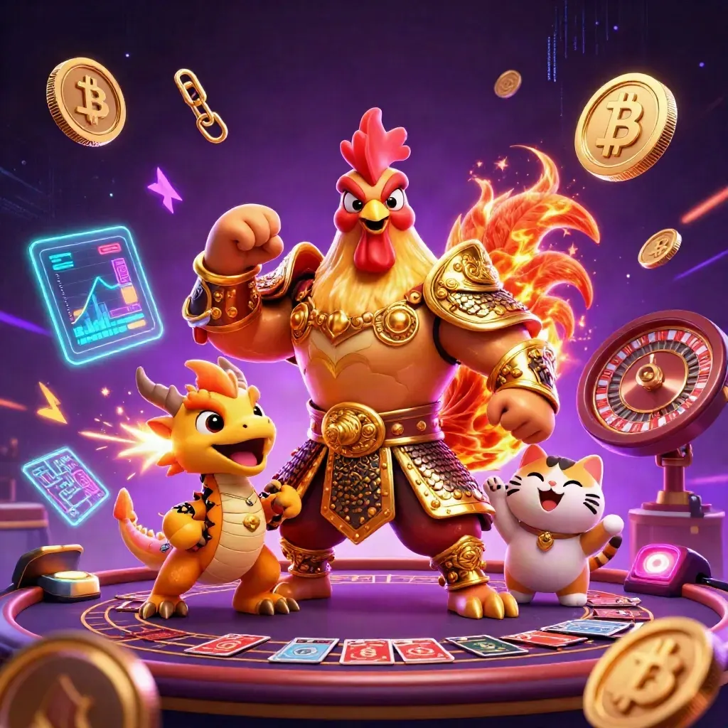 Rooster warrior, dragon hatchling, and fortune cat amid neon casino magic