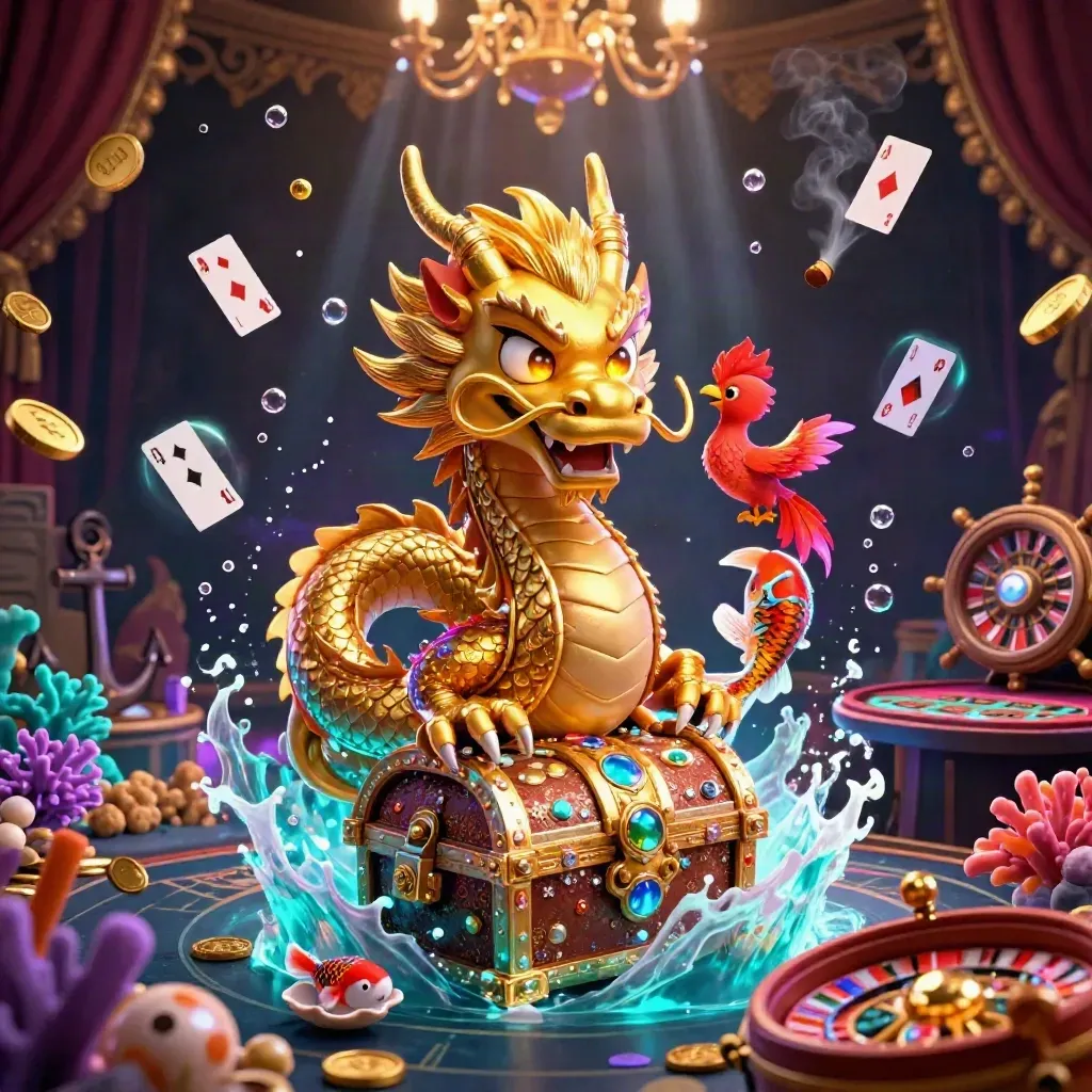 Golden dragon and phoenix amid casino treasure, glowing coral, roulette, and chandelier light.