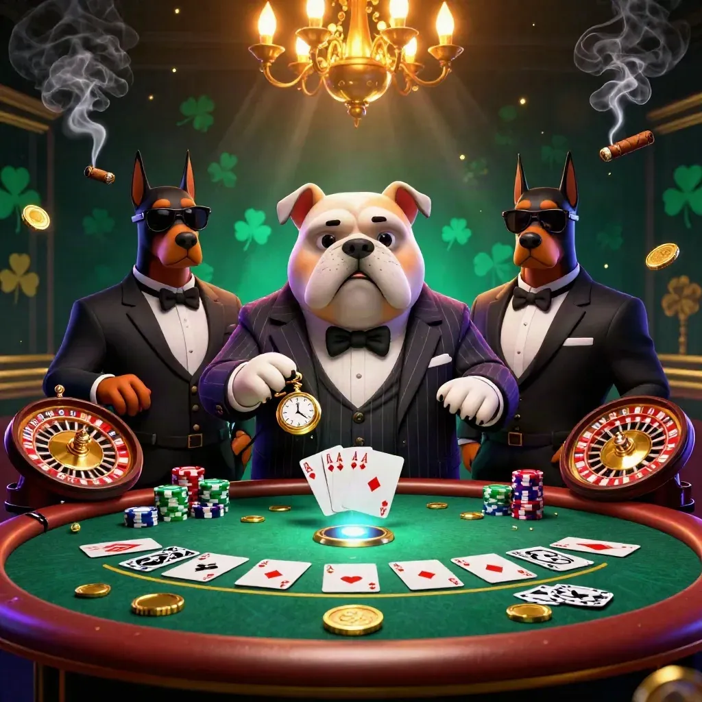 Bulldog mob boss with Dobermans at a neon casino table, chips, cards, and glowing lights.