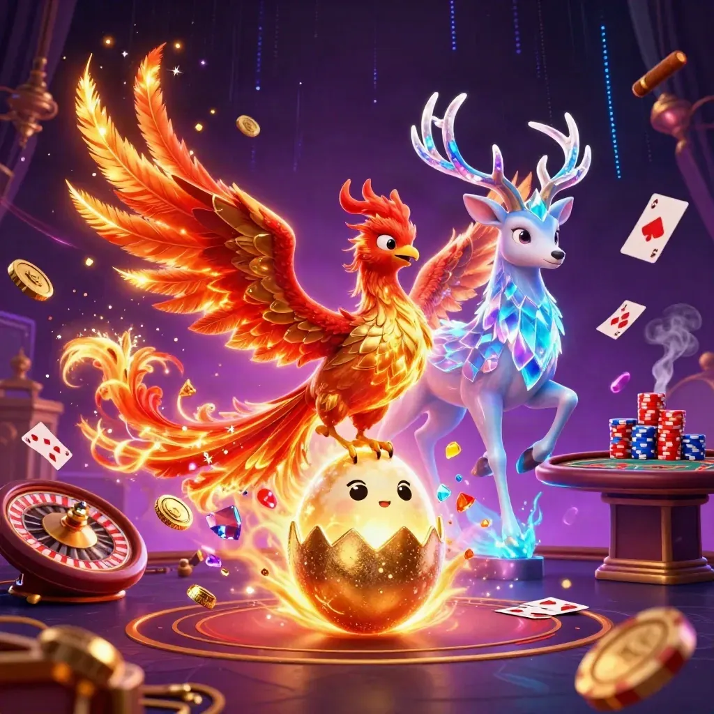 Fire phoenix, baby phoenix, and crystal stag in a neon casino fantasy burst with coins, cards, and roulette.