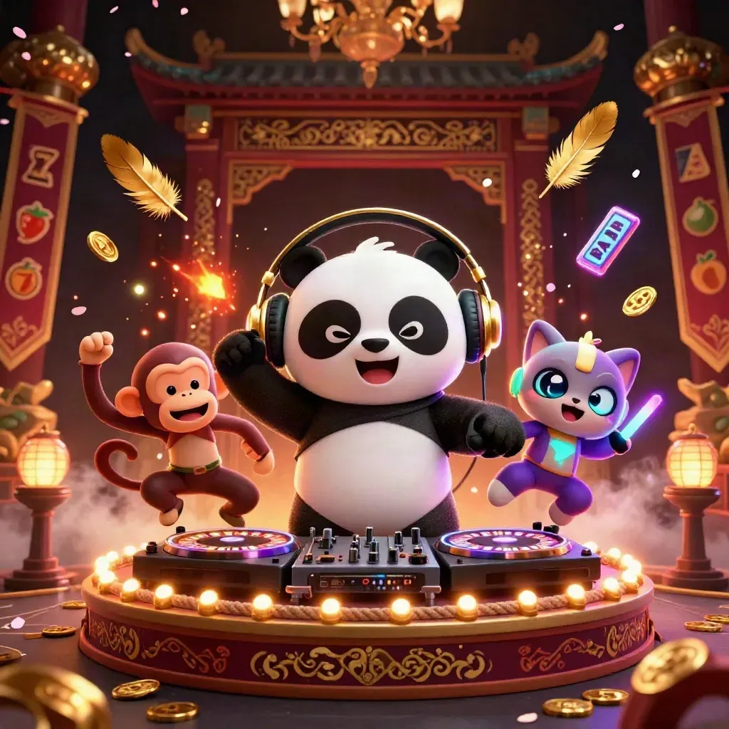 DJ panda, monkey, and glow kitten spin amid gold coins, petals, temple gate, and neon casino glow.