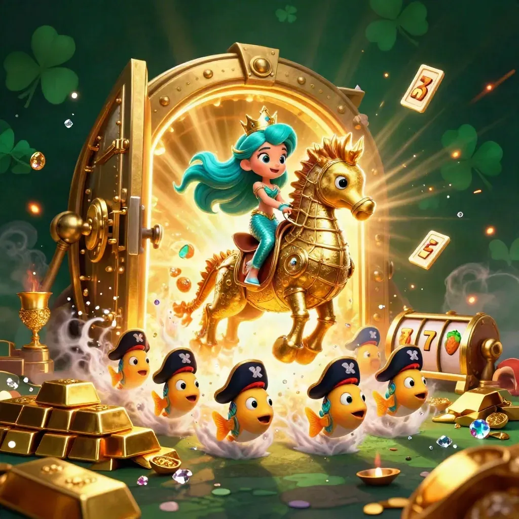 Mermaid princess rides an armored seahorse as treasure and gems burst in neon casino light.