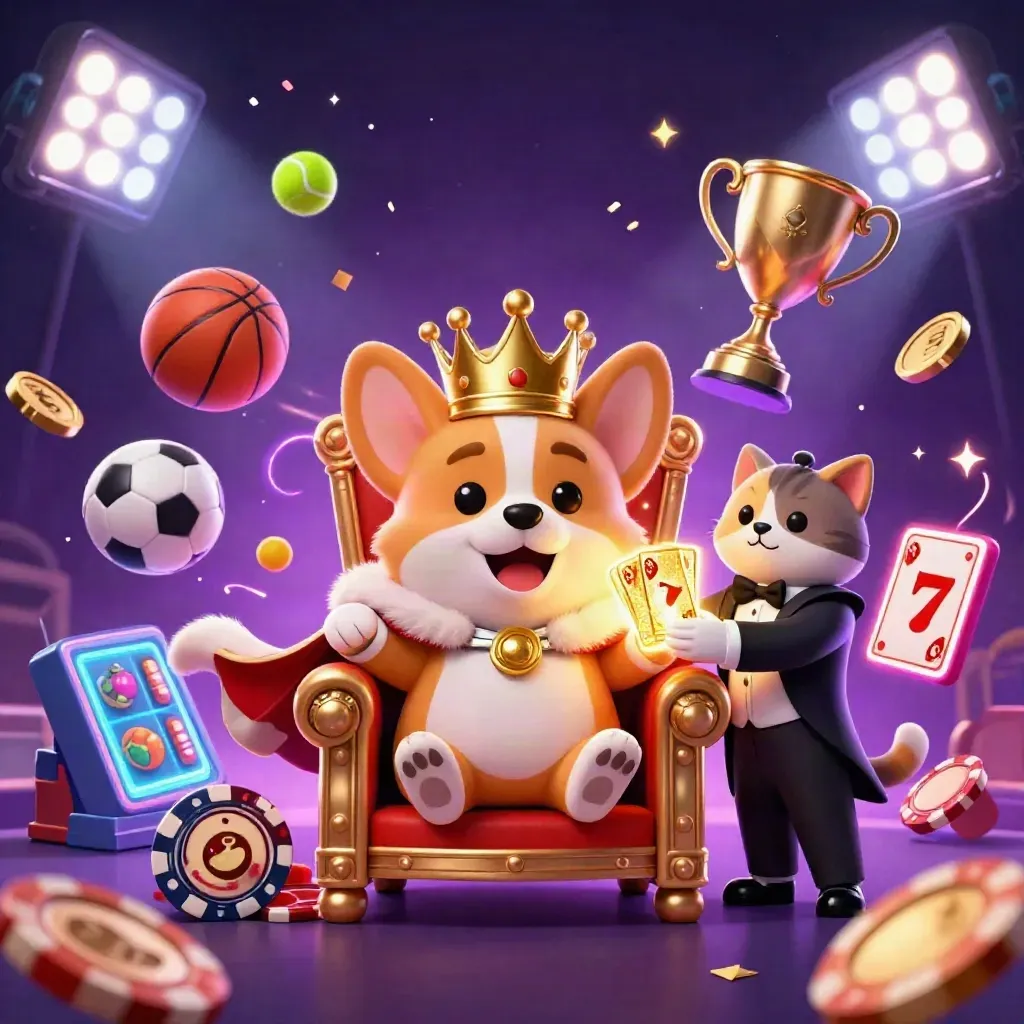 Royal corgi and cat butler amid neon sports balls, coins, and casino glow