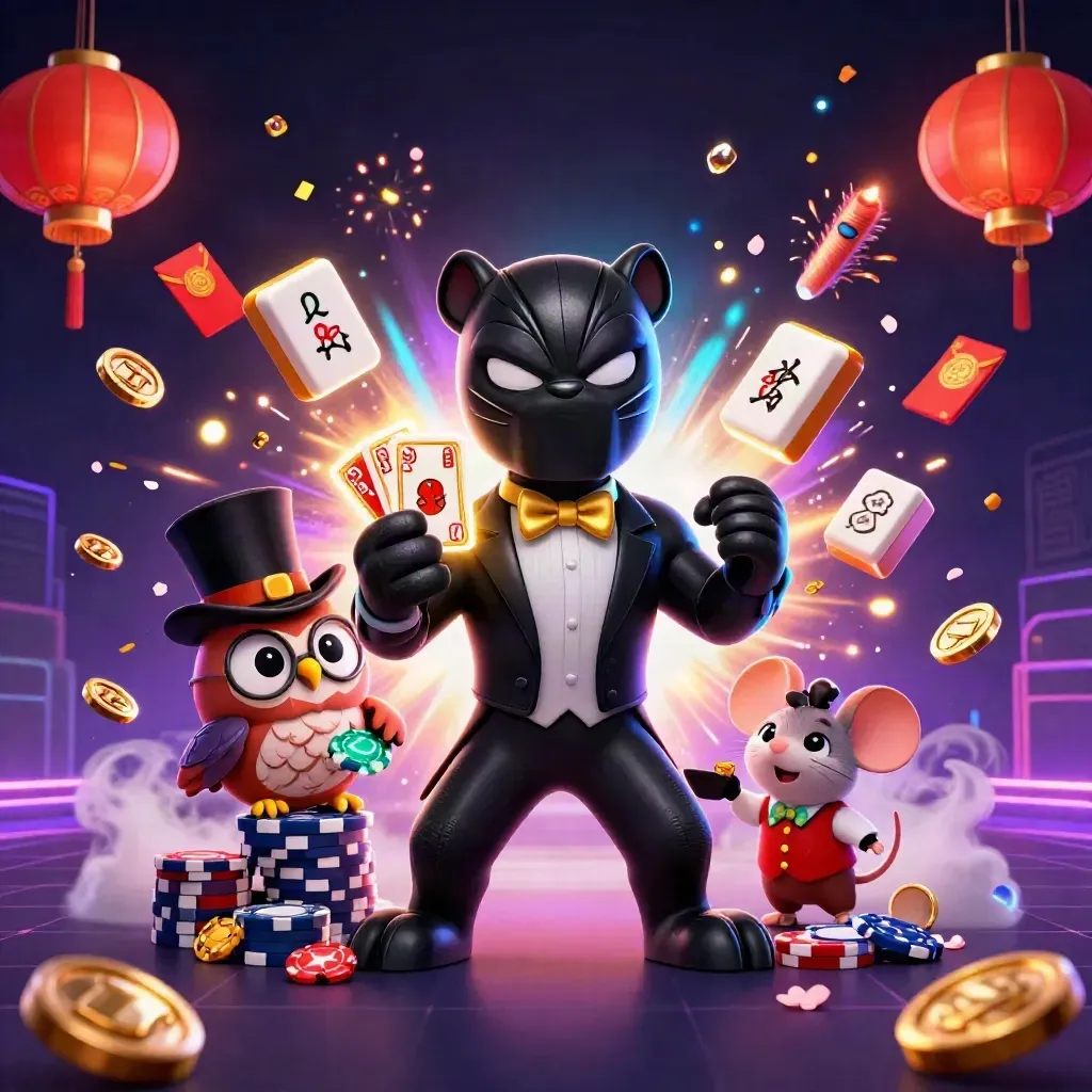 Panther, owl, and mouse dealer in a neon casino burst with lanterns, coins, petals, and gems.