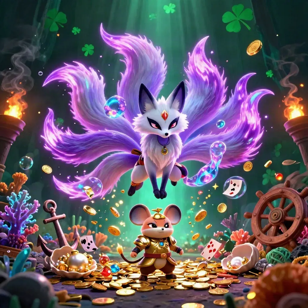 Fox spirit and armored mouse amid treasure, coral, bubbles, and violet-gold casino magic