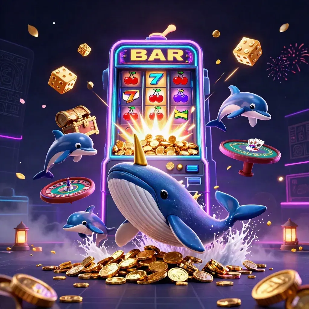 Whale captain, narwhal, and dolphins erupt in coins with slot machine jackpot energy