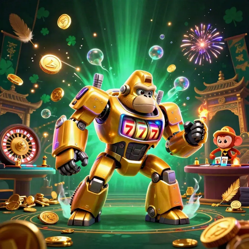 Golden gorilla mech and tiny monkey pilot explode with coins, reels, temple gate, and casino lights.