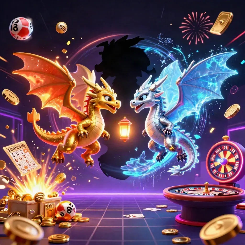 Twin gold and silver dragons spiral through casino treasure bursts with neon lights and cards