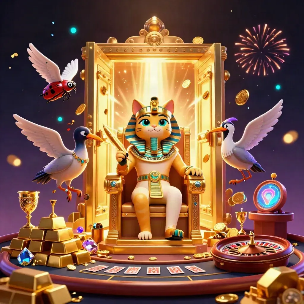 Pharaoh cat, ibis scribe, and gem-winged scarabs amid bursting vault gold and casino lights.