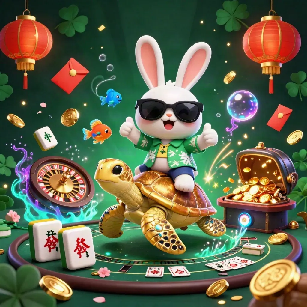 Lucky rabbit rides a golden turtle amid casino treasure, fireworks, jade coins, and glowing fish.