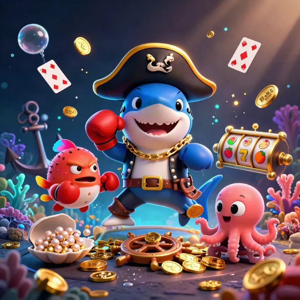Shark captain, boxing pufferfish, and juggling octopus amid treasure, coral, and slot symbols.