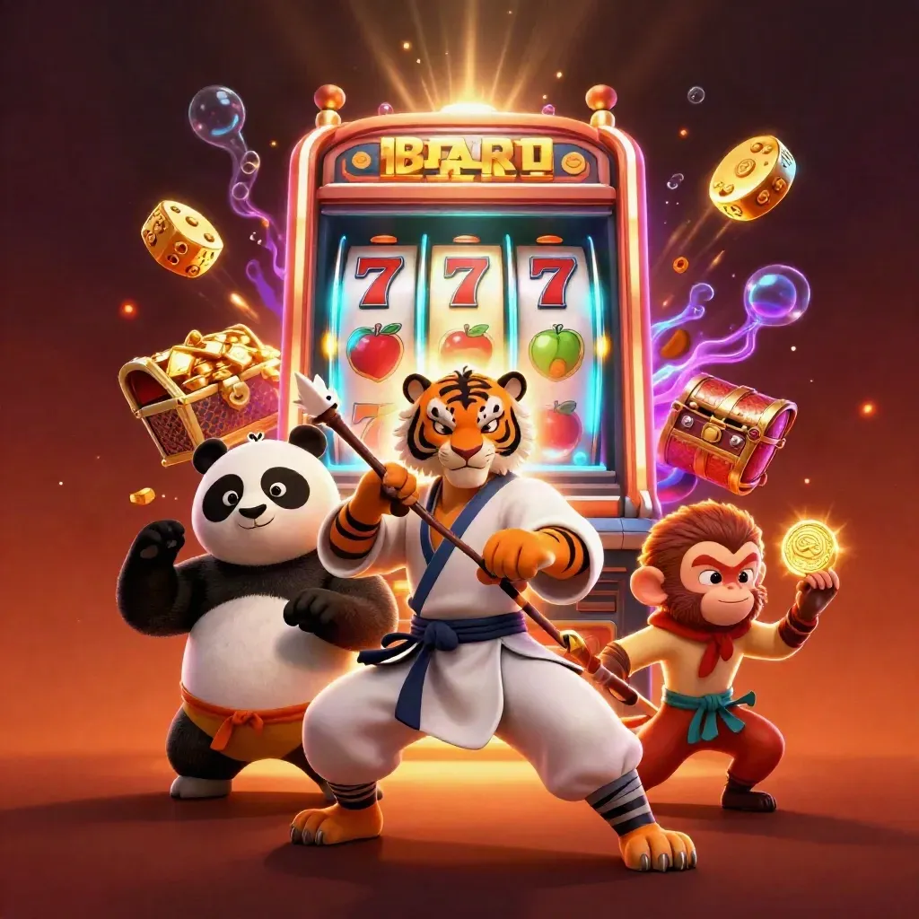 Kung-fu tiger, panda, and monkey burst from a glowing slot machine with gold and neon effects