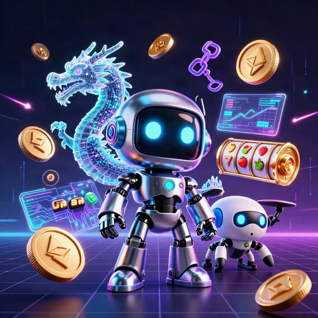 Cyberpunk robot, holographic dragon, and coin drone amid casino reels and neon crypto effects