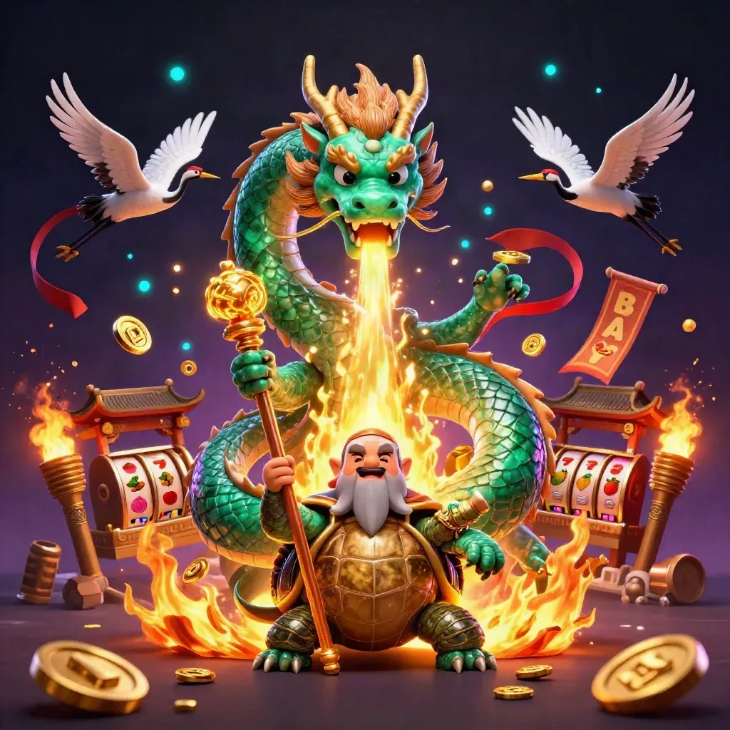 Emerald dragon, turtle sage, and cranes amid casino relics, fire, coins, and neon particles.