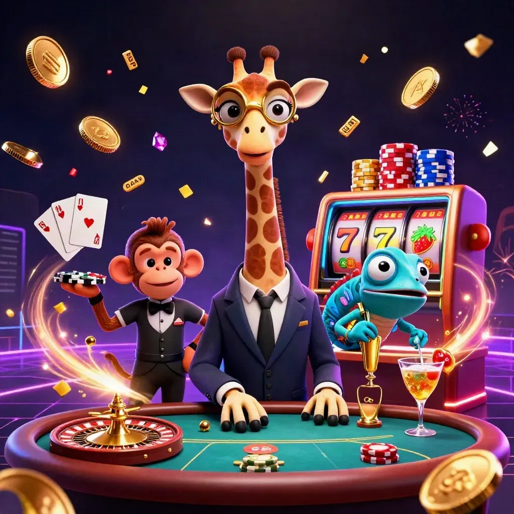 3D casino mascots with poker chips, coins, roulette wheel, and neon glow