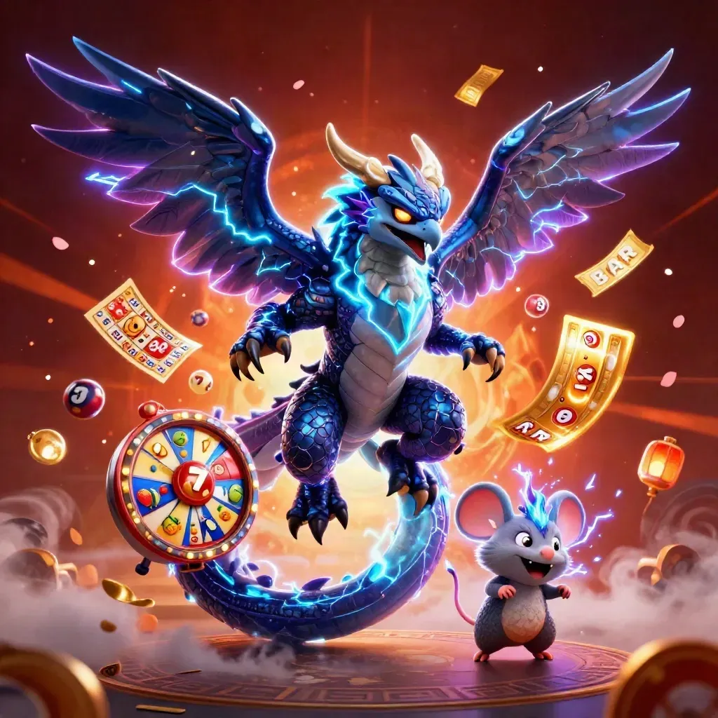 Thunder dragon with hawk and mouse amid casino symbols, lightning, embers, and glowing runes.