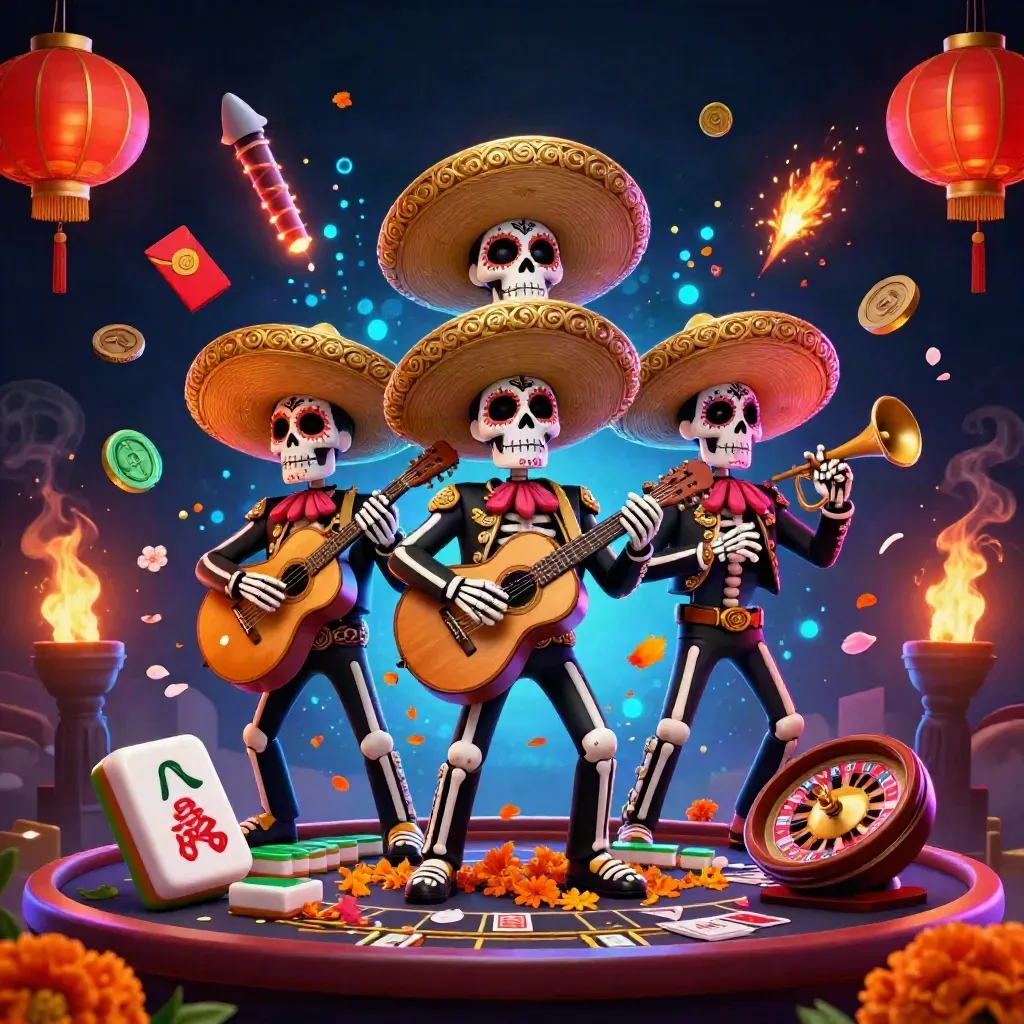 Three festive skeleton mariachi performers surrounded by casino and lucky charm effects on a dark neon background.