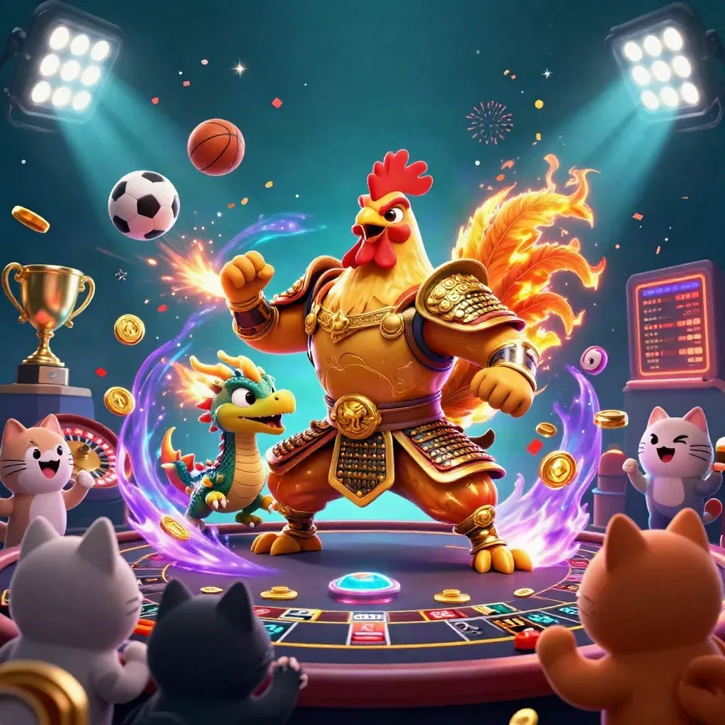 Rooster warrior, dragon hatchling, and fortune-cat amid casino sparks, coins, and roulette glow.